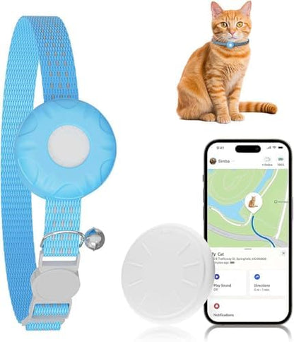 Cat Tracker, GPS Tracker Compatible with Apple Find My App(Only iOS), Waterproof Cat Trackers Collar with Bell and Safety Elastic Buckle,No Monthly Fee Pet Tracker,Blue