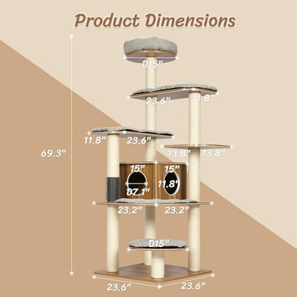 KAMABOKO 69”H Tall Wood Cat Tree, Large Cat Tower Multi-Level Platforms with Sisal Scratching Posts, Cat Condo for Large Cats 20 lbs Heavy Duty (69” H Wood Brown)