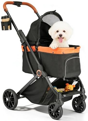 Pet Stroller for Small Dogs & Cats – Easy One-Hand Fold, Supports Up to 35 lbs – Black