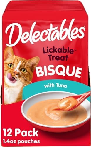 Delectables Lickable Treat Bisque Wet Cat Treat with Real Tuna, Food Topper, Hydrating, Grain-Free, No Fillers, By-Products, Added Preservatives, 1.4oz Pouch, 12ct