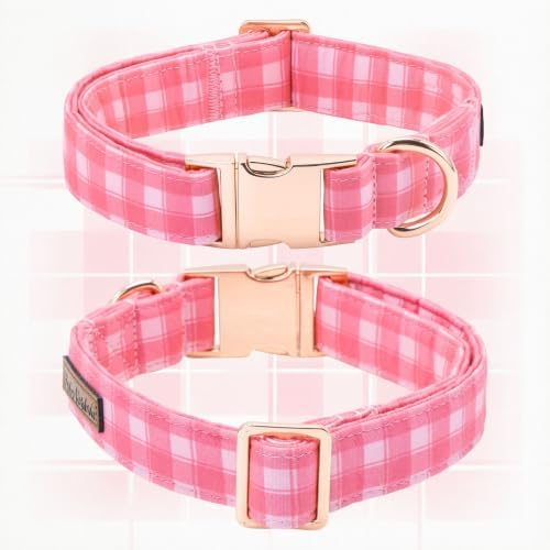 Pink Gingham Dog Collar with Flower for Medium Female Dogs