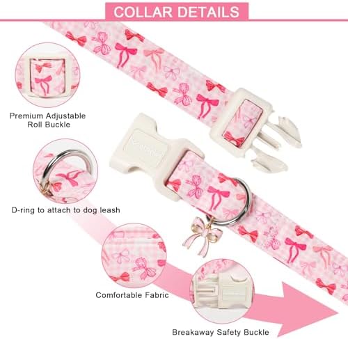 Lionet Paws Dog Collar Bow Spring Summer Pink Plaid Dog Collars with Sailor Bow Pattern Pendant - Female Girl Dogs Collar for Small Medium Dogs XS