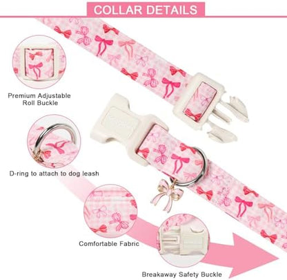 Lionet Paws Dog Collar Bow Spring Summer Pink Plaid Dog Collars with Sailor Bow Pattern Pendant - Female Girl Dogs Collar for Small Medium Dogs XS