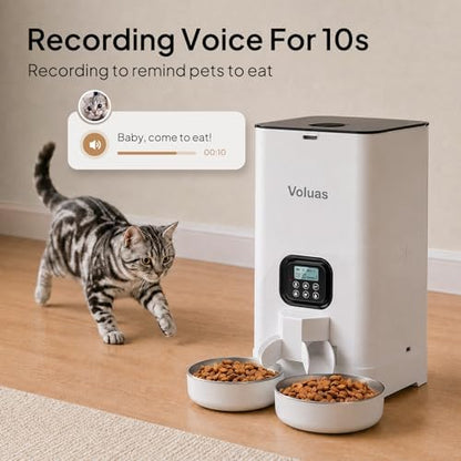VOLUAS Automatic Cat Feeder for Two Cats with Dual Stainless Bowls, 6L