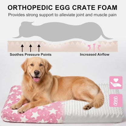 Orthopedic Dog Bed for Large Dogs, Washable Dog Mat with Removable Zippered Cover, Non-Slip Bottom, Comfort Crate Bed (Big&Little Stars Pink, L(35"*23"*3.1"))