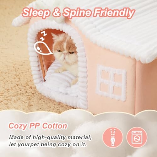 Jiupety Rabbit Cat Houses for Indoor Cats, Chimney Cute Cat Bed Cave, Enough Interior Space, Cartoon Soft Pet House Up to 3-10 lbs Kitten, Pink