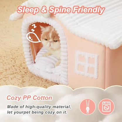 Jiupety Rabbit Cat Houses for Indoor Cats, Chimney Cute Cat Bed Cave, Enough Interior Space, Cartoon Soft Pet House Up to 3-10 lbs Kitten, Pink