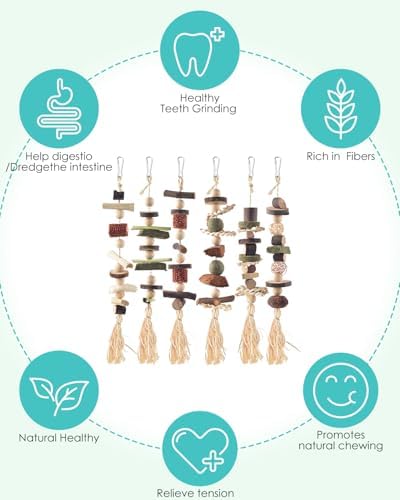 DBNESS 6PCS Bunny Chew Toys, Hamster Rabbit Cage Hanging Chew Toys, Natural Apple Wood Bunnies Treats, Improve Small Animal Teeth Health for Guinea Pig Chinchilla Ferret Rats Gerbil