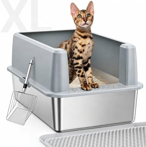 WoofiGo XL Stainless Steel Litter Box, High Sided Litter Pan for Big Cats