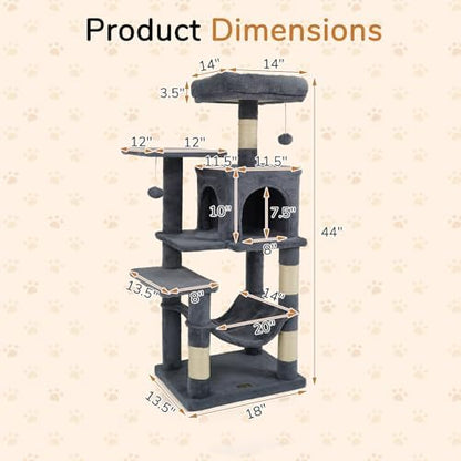 DORTALA Cat Tree for Indoor Cats, 44" Modern Cat Tower with Top Perch, Condo, Hammock, Sisal Scratching Posts, Dangling Balls, Platforms, Multi-Level Pet Climbing Furniture Playground (Grey)