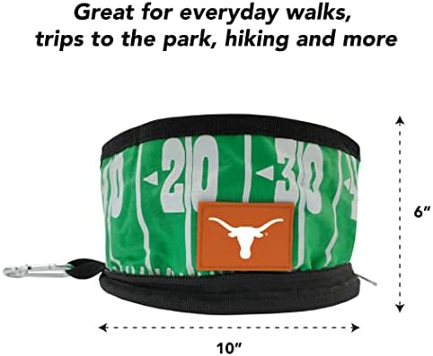 Pets First NCAA Texas Longhorns Collapsible Dog Travel Bowl, Food and Water Bowl for Dogs & Cats. Lightweight Leak-Proof Pet Bowl for Travel with Football Field & Pebble-Grain Design