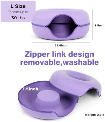 Cat Tunnel Bed for Indoor Cats with 3 Toys, Scratch Resistant Detachable and Washable Large Donut Cat Bed, Available in All Seasons (Purple, L(24x24x11))
