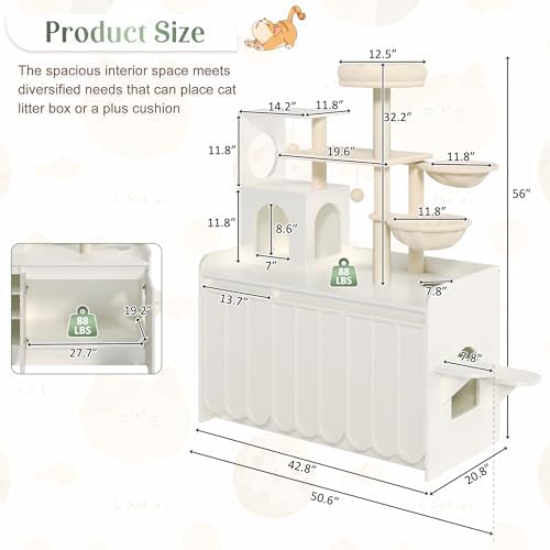 Cat Tree with Litter Box Enclosure, 50.6" Cat Tower & Condo, White