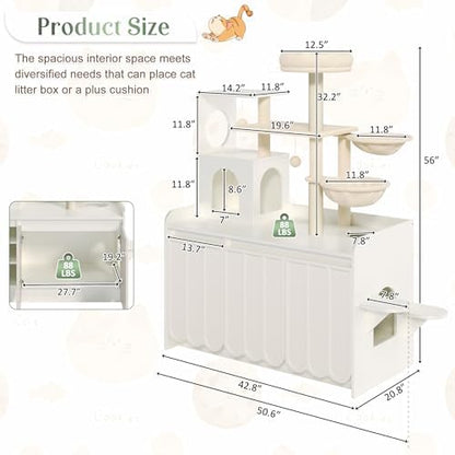 Cat Tree with Litter Box Enclosure, 50.6" Cat Tower & Condo, White