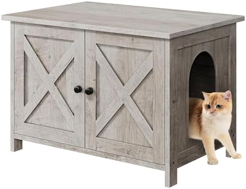 Shintenchi Cat Litter Box Enclosure, Litter Box Furniture Cabinet Hidden with Removable Divider, Wooden Cat House with End Table, Ash Oak Grey, 30.5 inch