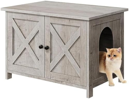 Shintenchi Cat Litter Box Enclosure, Litter Box Furniture Cabinet Hidden with Removable Divider, Wooden Cat House with End Table, Ash Oak Grey, 30.5 inch