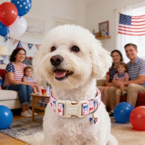 Lionheart glory Patriotic Flag Dog Collar - 4th of July American Flag Dog Collars,Pink Bow Pattern Adjustable Pet Collar for X-Small Dogs Male Female Dogs Summer Pet Collars