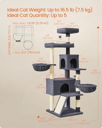 Feandrea Cat Tree, 68.5-in Tall Cat Tower, Multi-Level Condo, Dark Gray