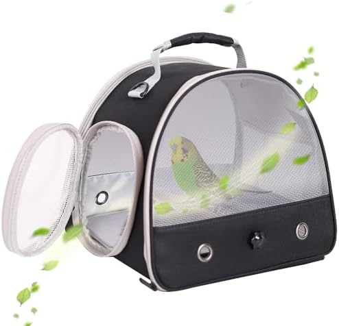 Bird Carrier, Portable Small Bird Parrot Parakeet Carrier with Standing Perch and Soft Mat, Side Access Window Collapsible (Black, Mesh Windows)