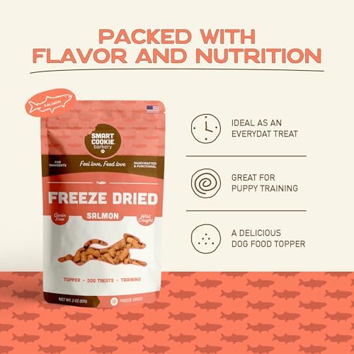 Smart Cookie Freeze Dried Salmon Bites - Single Ingredient Freeze Dried Treats for Dogs - Wild Caught Alaskan Salmon Dog Training Treats & Dog Food Topper - Made in USA - 2oz Bag, 3 Pack