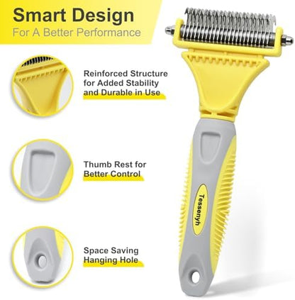 Professional Dog Brush for Shedding, Undercoat Rake for Medium and Long Haired & Double Coated Dogs, Double Sided Design with 12+23 Blades