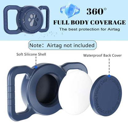 Waterproof Airtag Dog Collar Holder, Full Covered Silicone Case, Navy Blue