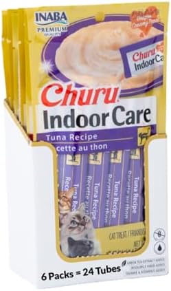 INABA Churu Indoor Care for Hairball Control, Functional Lickable Cat Treat with Taurine & Green Tea Extract, 0.5oz Each, 24 Tubes Total, Tuna Recipe