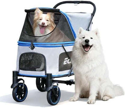 EchoSmile Dog Stroller for Large Dogs, 135lbs Weight Extra Large Pet Stroller, 4 Wheels Cats & Dogs Carrier with Brakes, Breathable Mesh Windows & Pocket, Blue