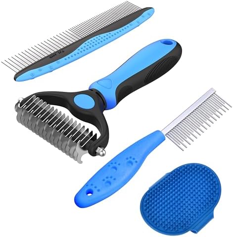 4 Pack Pet Grooming Combo - Blue Deshedding Brush,With Metal Comb,Bath Brush, With Long & Short Stainless Steel Teeth Depilatory Comb For Detangling And Dematting Long, Matted Fur On Cats And Dogs