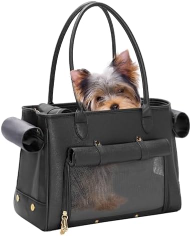 Fashion Pet Carrier Purse for Small Cat and Dog, Luxury Pu Soft-Sided Tote Bag with Large Pockets for Dogs and Puppies (Black, 15.8" L x 7.5" W x 11.8" H)
