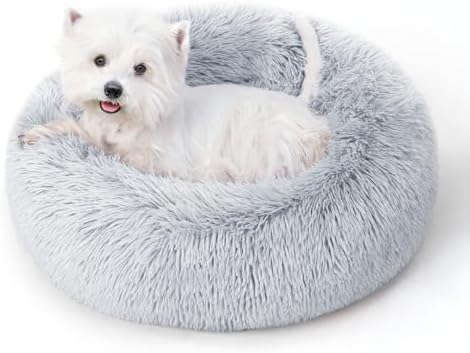 Calming Round Dog Bed & Cat Bed with Anti-Slip Bottom, Medium Size Washable Anti-Anxiety Donut Dog Beds for Small Dogs & Cats, Fluffy Plush Soft Dog Bed(24 Inch, Light Grey)