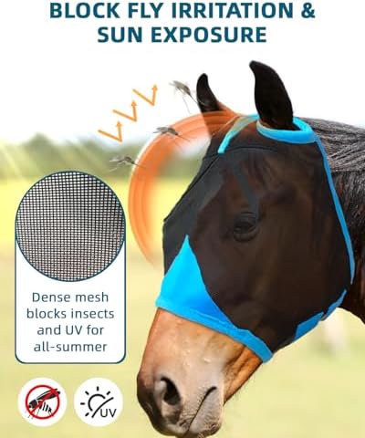 Hilltown Durable Fly Mask for Horses Without Ears - Cob, Blue