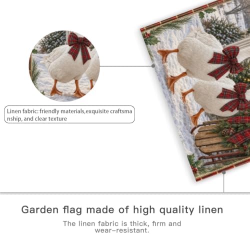 Christmas Goose House Flag 28x40 Inch Merry Holiday White Geese Plaid Bows Sled Tree Snowy Rustic Farmhouse Outdoor Yard Lawn Porch Double Sided Banner Winter Welcome Decor