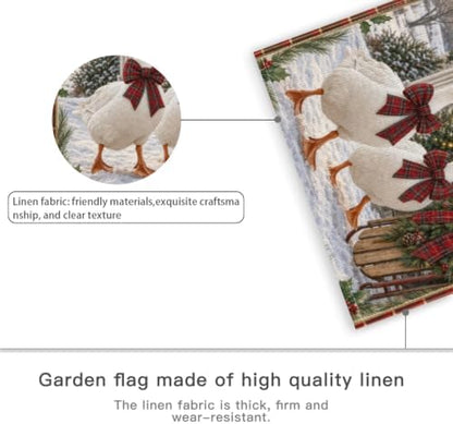 Christmas Goose House Flag 28x40 Inch Merry Holiday White Geese Plaid Bows Sled Tree Snowy Rustic Farmhouse Outdoor Yard Lawn Porch Double Sided Banner Winter Welcome Decor