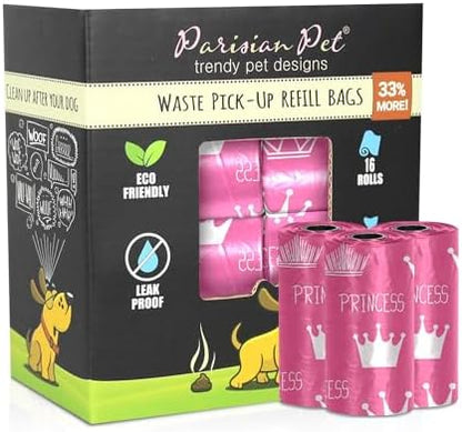 Parisian Pet Ecofriendly Dog Poop Bags Rolls - 320 Count Unscented Poop Bags For Dogs - Leakproof, Extra Thick, 16 Dog Waste Bags Refill Rolls - Princess Pink Doggie Poop Bags - Fits All Dispenser