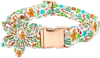 Dog Collar Christmas Winter Gingerbread Man Print Pet Collar Soft Cute Dog Collars with Flower Adjustable Metal Buckle Collar for Small Dogs