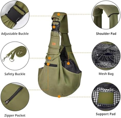CUBY Adjustable Dog Cat Sling Carrier with Padded Hard Bottom Pet Carrier Sling Soft Carrying Puppy Bag for Small Dogs Cats Outdoor Travel(Green)