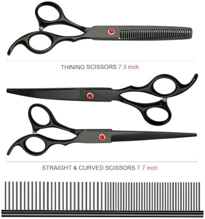 Dog Grooming Scissors Kit, Premium Stainless Steel Dog Shears with Curved Shears, Sharp Durable for Dogs Cats+Black 4 Piece