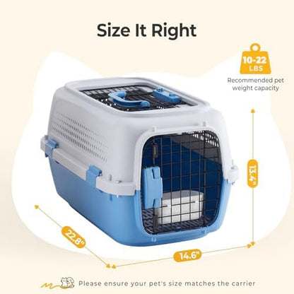 NEWBULIG 23" Hard-Sided Dog Carrier for Small Dogs & Cats, Grey & Blue