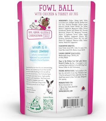 Weruva Dogs in the Kitchen, Fowl Ball with Chicken Breast & Turkey Au Jus Dog Food, 2.8oz Pouch (Pack of 12)