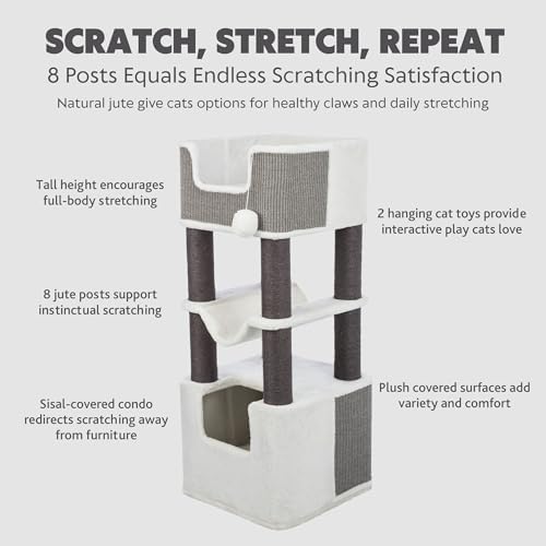 Trixie Lucano 43.3-in XXL Cat Tree, Indoor Cat Furniture with Jute Scratching Posts, Sisal and Plush Covered Condo, Dangling Interactive Toys, Gray