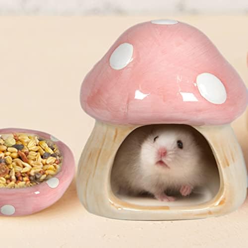 Ceramic Mushroom Hamster Hideout with Food Bowl, Small Animal House(Pink)