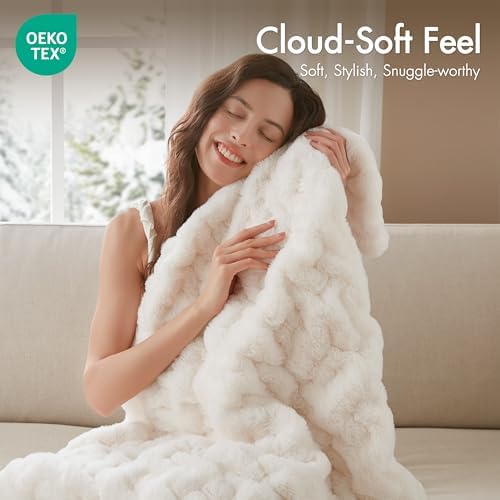 Madison Park Ruched Fur Luxury Throw Premium Soft Cozy Brushed Long Faux Fur For Bed, Couch or Sofa , 50x60" , Ivory