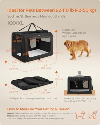 Feandrea Collapsible Soft Dog Crate, Portable Travel Carrier, 48 Inches