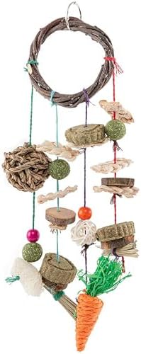 SunGrow Cage Hanging Rabbit Chew Toy, Handwoven Space-Saving Enclosure Accessory, Wooden Discs, Loofah Slices, Grass Ball & Compressed Hay, for Bunnies, Guinea Pigs, and Chinchillas, 17” x 7”, 1 Set 
