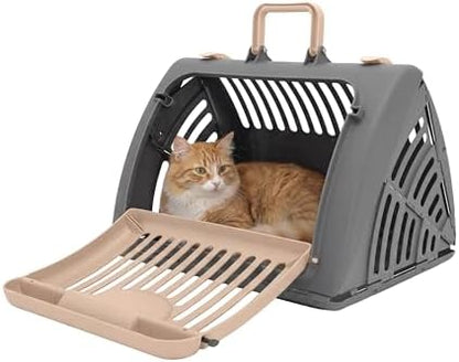 SportPet Designs Foldable Travel Cat Carrier - Front Door Plastic Collapsible Carrier, Gray and Tan, Medium (Pack of 1)