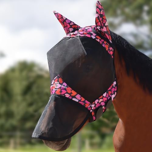 Harrison Howard Pro LumiVista Horse Full Face Fly Mask Large Eye Space Long Nose with Ears UV Protection for Horse Cute Hearts M