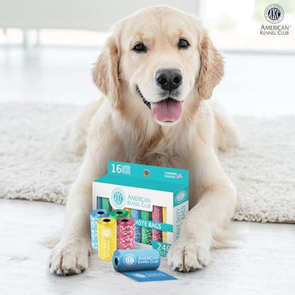 American Kennel Club Dog Poop Bags - Leak Resistant Pet Waste Bags - 16 Refill Rolls - Lavender Scent - 240 Count (Puppy Print)