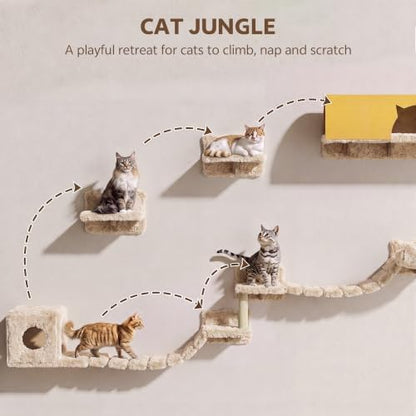 Cat Wall Furniture, 16 in 1 Cat Shelves w/Tunnel & Bridge, Beige