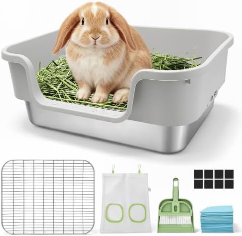 Stainless Steel Rabbit Litter Box with Hay Feeder, Large Bunny Litter Pan